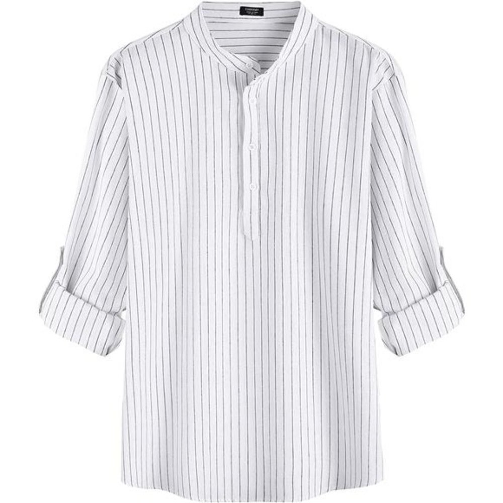 Men's Cotton Linen Henley Shirt Long Sleeve Hippie Casual Beach T Shirts - Picture 2 of 7